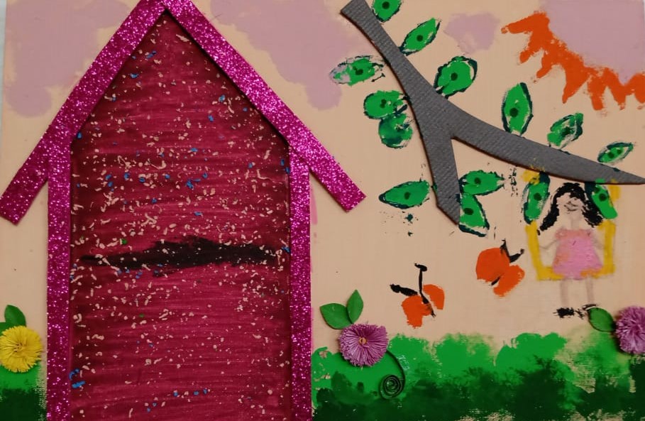CECÍLIA MATOS DE SENA - PINTURA REPRESENTA A ESCOLA DE BOMBOM DA CECÍLIA, ENQUANTO ELA BRINCA NO BALANÇO DO SEU BELO JARDIM.